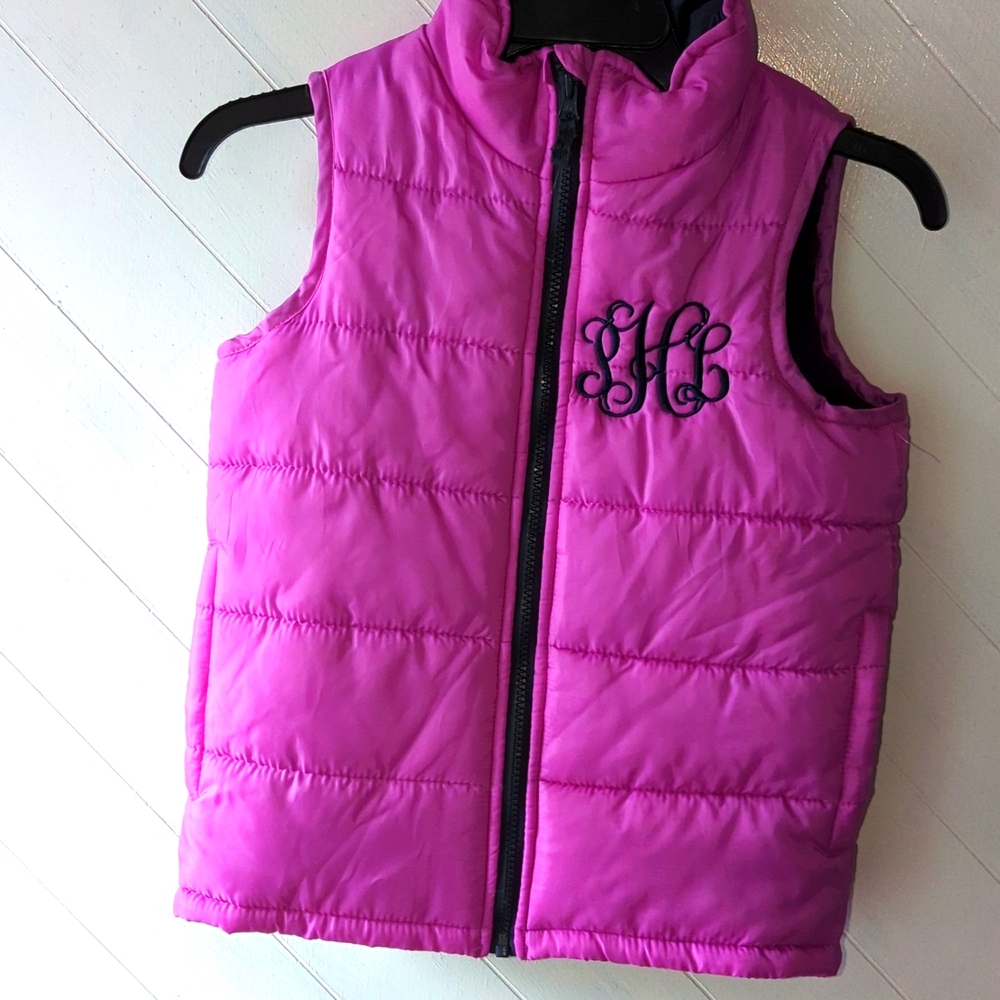 Oshkosh Bgosh puffy vest, girls size 8, Purple, has the initials PHL engraved